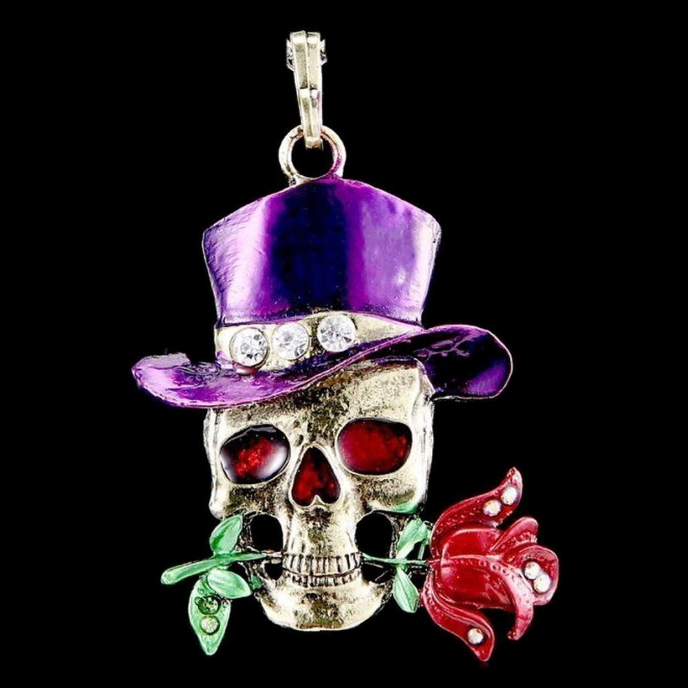 Purple Posh Skull Pendant with Rose & Top Hat NWT-